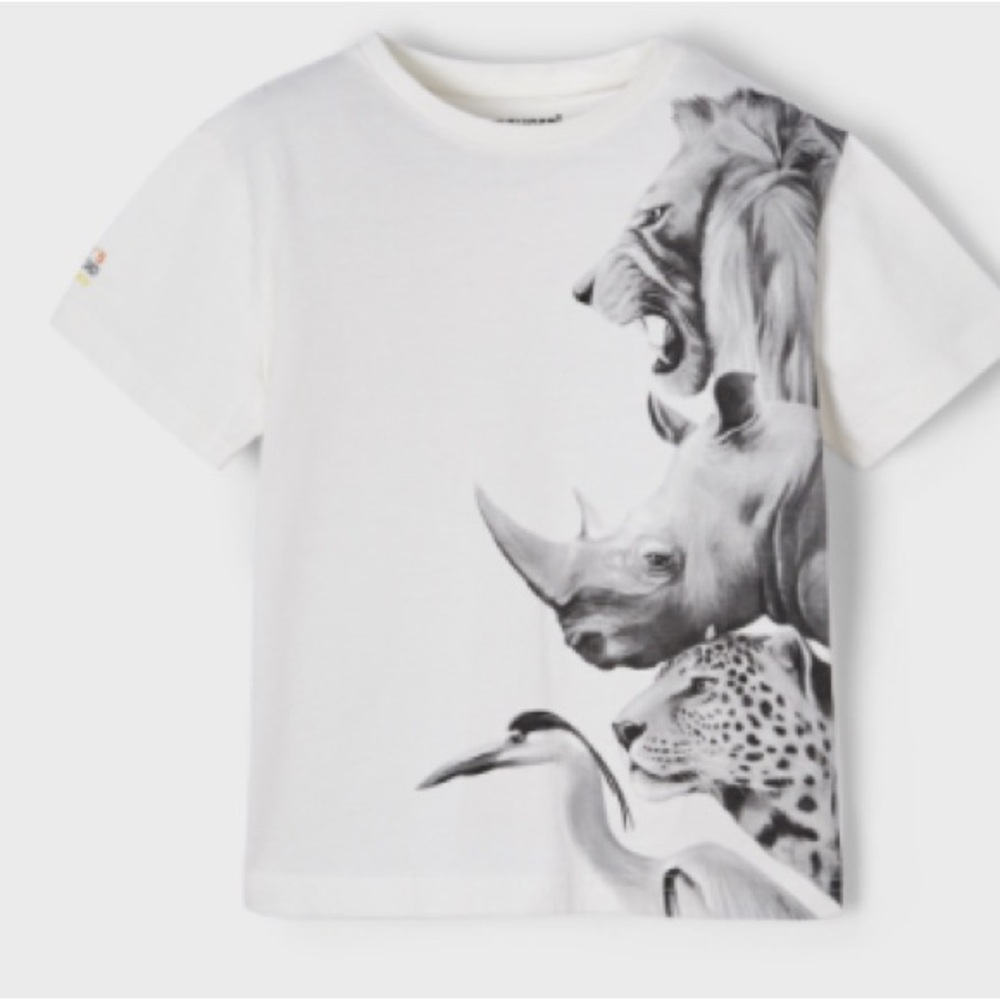 Size 6 Boys Mayoral White Tee with Safari Animal Print